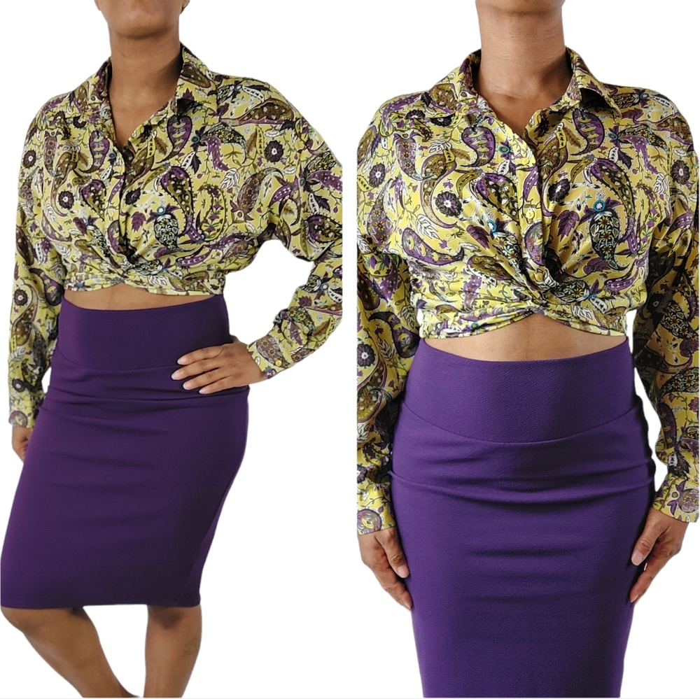 Zara Yellow-Purple Cropped Knotted Paisley Print Top